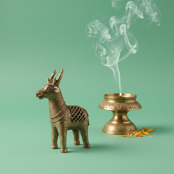 KIFF KIFF brass deer statuette standing next to a traditional lit incense burner with rising smoke on green background