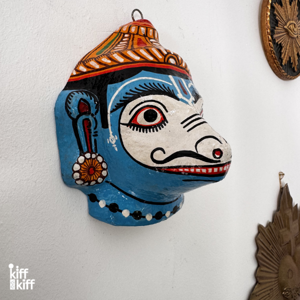 Masque mural jambaban blanc et bleu artisanal en papier mâché Inde