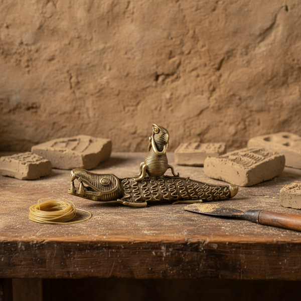 Statuette en laiton Dokra  singe et crocodile