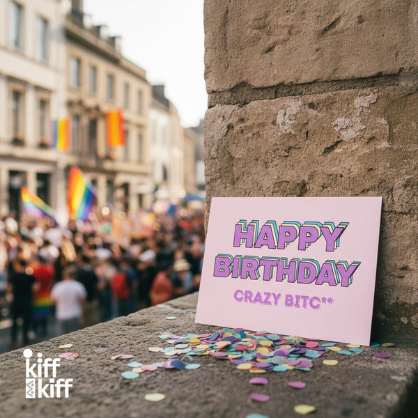 Carte postale anniversaire HAPPY BIRTHDAY CRAZY BITCH, vue rapprochée