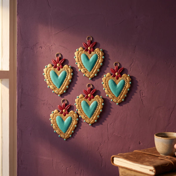 Ex-voto cœur sacré Betty – turquoise & doré