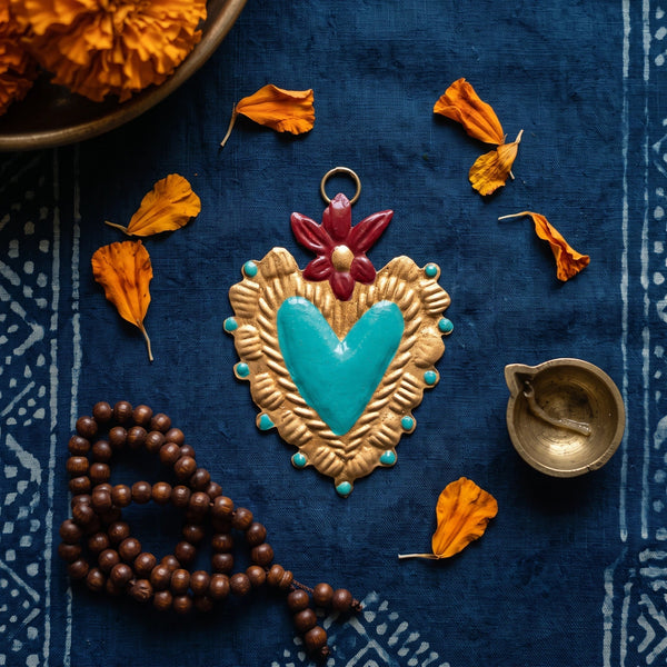 Ex-voto cœur sacré Betty – turquoise & doré