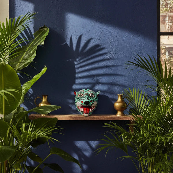 Masque indien Léopard vert – Décoration murale artisanale – Papier mâché Odisha