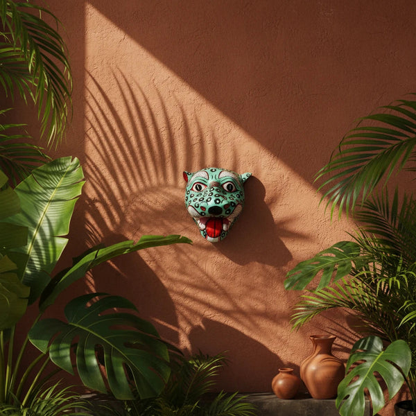 Masque indien Léopard vert – Décoration murale artisanale – Papier mâché Odisha