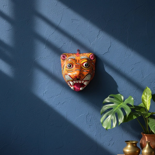 Masque indien Tigre orange – grand format – Masque mural artisanal Inde