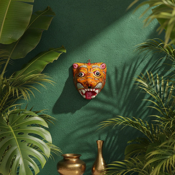 Masque indien Tigre orange – grand format – Masque mural artisanal Inde