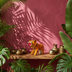 Statuette tigre orange articulée en papier mâché, artisanat indien