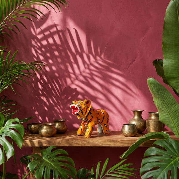 Statuette tigre orange articulée en papier mâché, artisanat indien