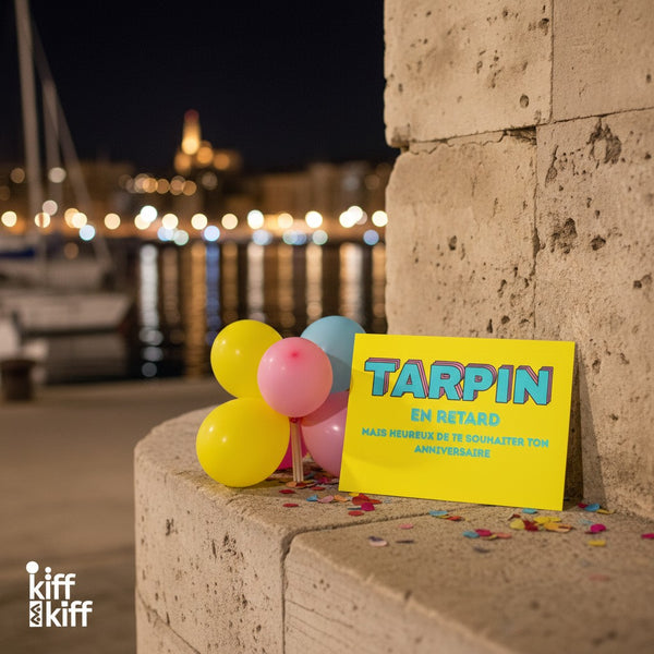 Carte postale anniversaire TARPIN EN RETARD, présentation