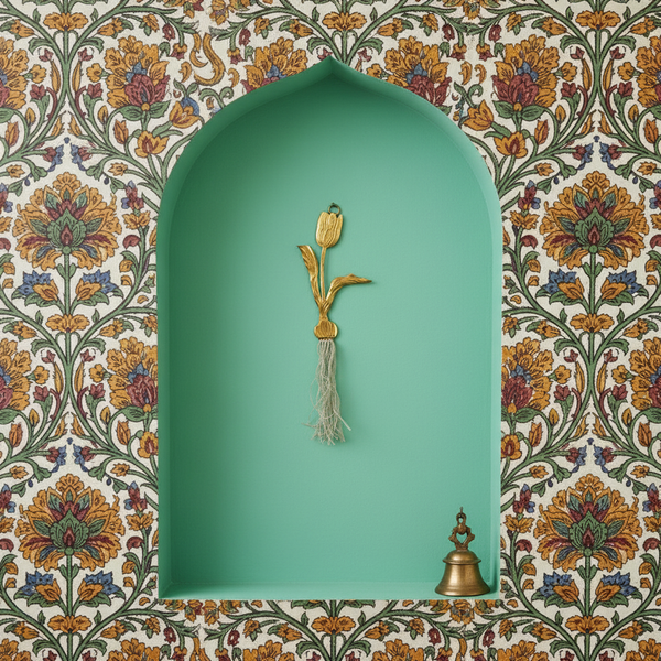 Décoration murale Tulipes KIFF KIFF en métal doré et lin naturel installée sur un mur