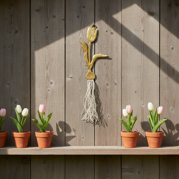 Décoration murale Tulipes – métal doré & lin naturel