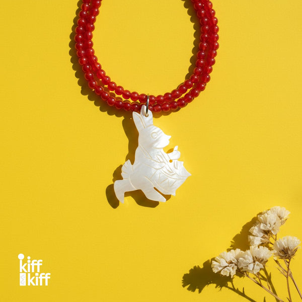 Collier Lapin en Nacre et Perles Rouges