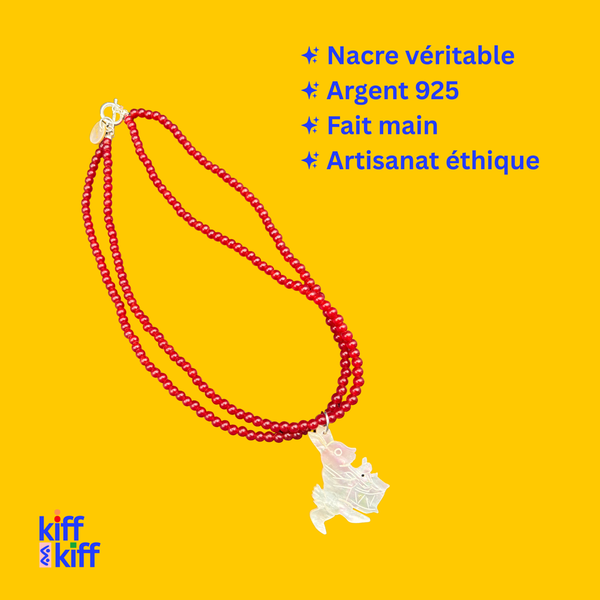 Collier Lapin en Nacre et Perles Rouges