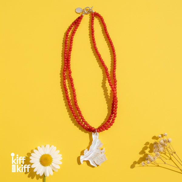 Collier Lapin en Nacre et Perles Rouges