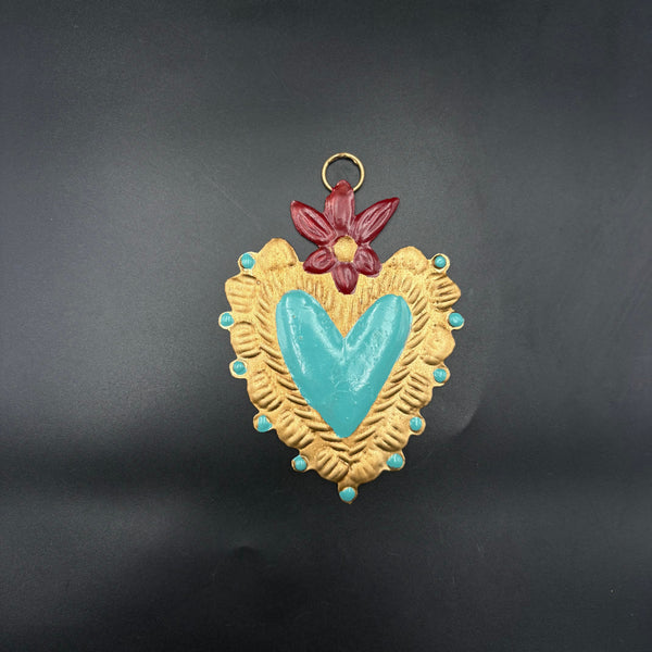Ex-voto Betty, cœur sacré artisanal turquoise et doré