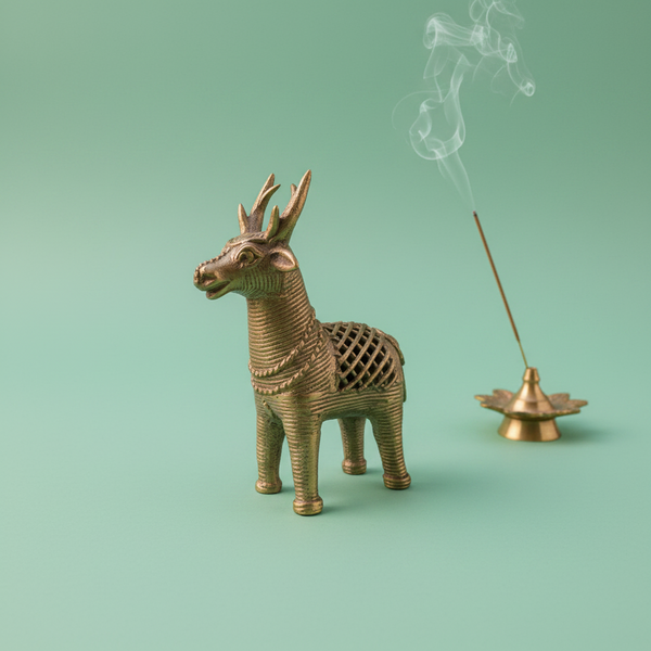 KIFF KIFF brass deer statuette incense burner with intricate etched details and smoking incense stick on green background