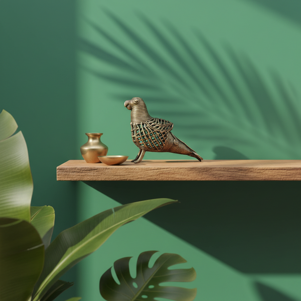 KIFF KIFF handcrafted brass Dhokra parrot statue on a wooden shelf against a green wall with palm leaf shadows.
