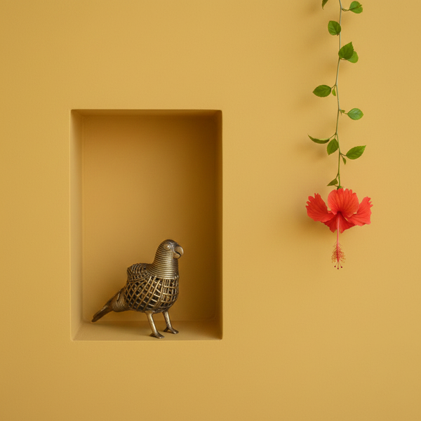 KIFF KIFF handcrafted brass Dhokra parrot statue in a wall niche next to a hanging red hibiscus flower