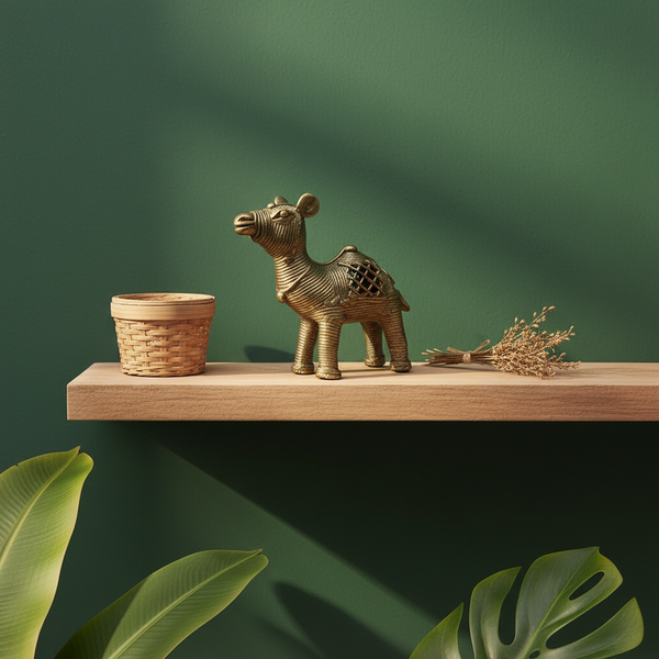 KIFF KIFF brass dromedary statuette displayed on a wooden shelf with a small woven basket and dried flowers