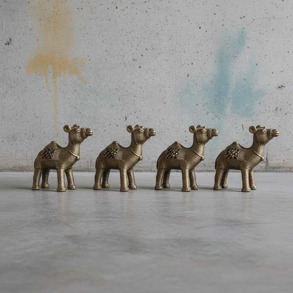 Four KIFF KIFF brass dromedary statuettes with intricate textured detailing arranged in a row on a concrete surface.