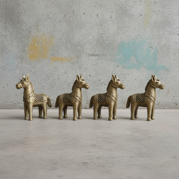 Four KIFF KIFF brass horse statuettes with intricate etched details standing in a row against a concrete wall.