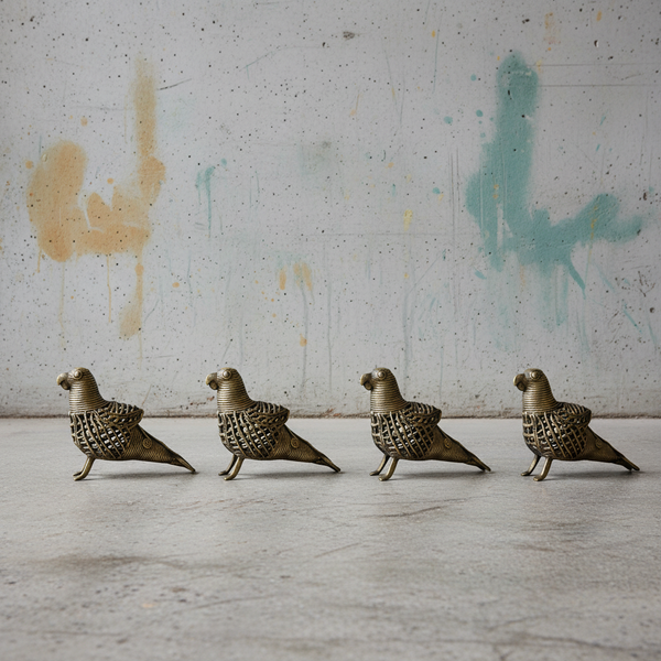 Four KIFF KIFF handcrafted brass parrot statues from India made using the traditional Dhokra lost-wax technique.