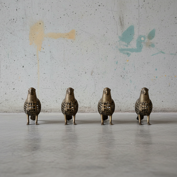 Four KIFF KIFF handcrafted brass parrot statues from India made using the traditional Dhokra lost-wax casting method.
