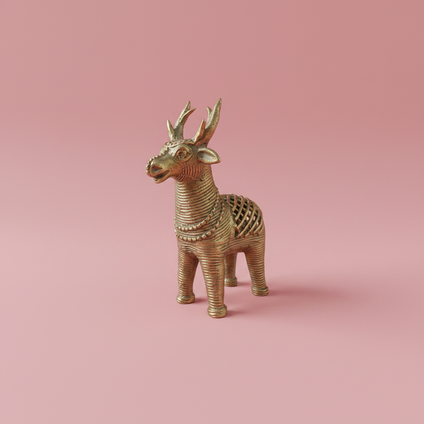 KIFF KIFF gold-toned metal deer statuette with intricate wire-wrapped texture on a soft pink background.