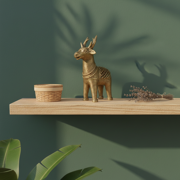 KIFF KIFF gold metal deer statuette on a wooden shelf with a small woven basket and dried flowers