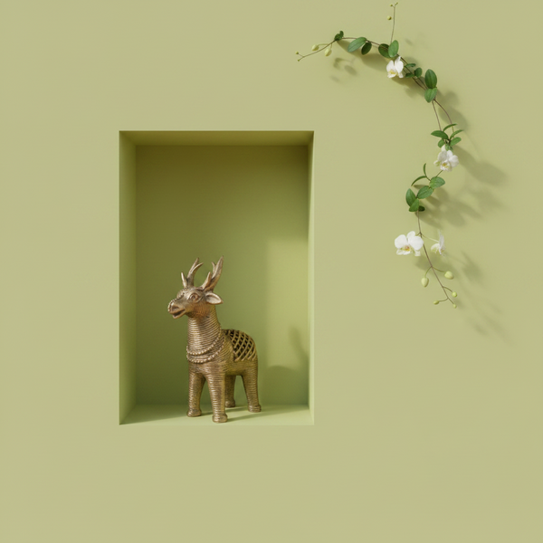 KIFF KIFF gold metal deer statuette displayed in a recessed wall niche with a delicate white orchid vine