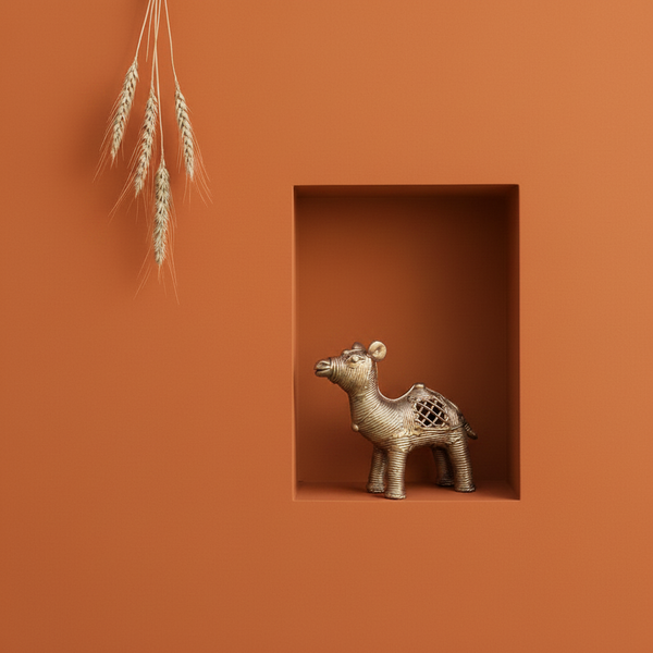 KIFF KIFF metallic gold dromedary statuette with intricate wirework detail displayed in a terracotta wall niche