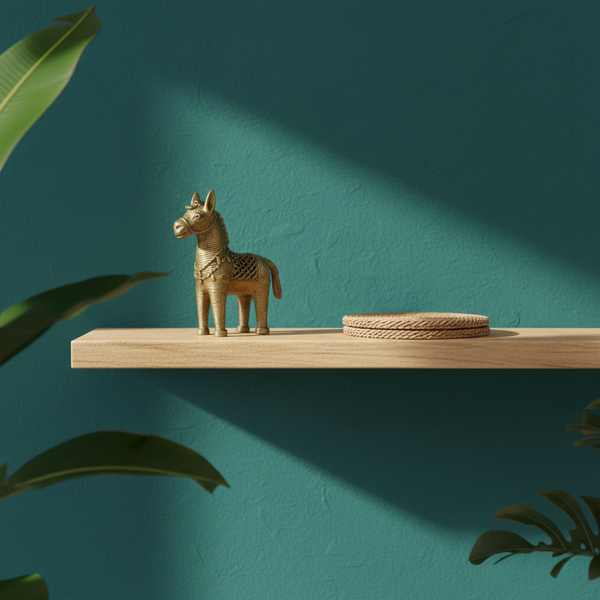 KIFF KIFF gold horse statuette with intricate textured details displayed on a wooden shelf against a teal wall