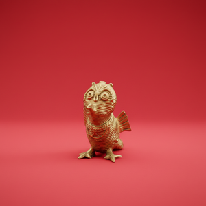 KIFF KIFF gold-toned metal owl statuette with intricate engraved patterns on a solid red background