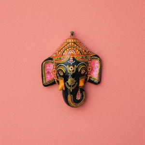 Masque mural Ganesh KIFF KIFF en papier mâché noir avec détails peints à la main, artisanat traditionnel d'Odisha