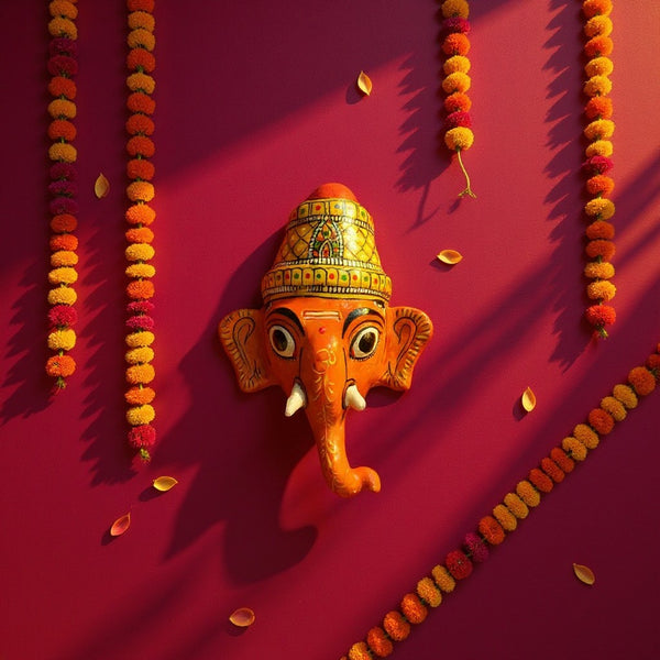 Masque mural KIFF KIFF Ganesh Vinayaka en papier mâché rouge peint à la main avec détails décoratifs