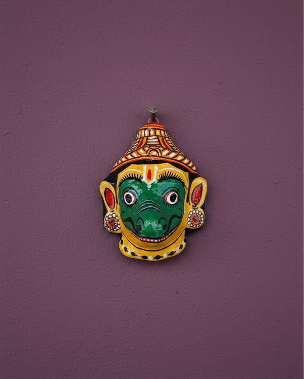 Masque mural KIFF KIFF Jambaban en papier mâché jaune et vert peint à la main, artisanat traditionnel d'Odisha, Inde.