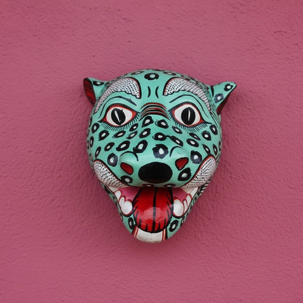 Masque mural léopard vert KIFF KIFF en papier mâché artisanal d'Odisha avec détails peints à la main