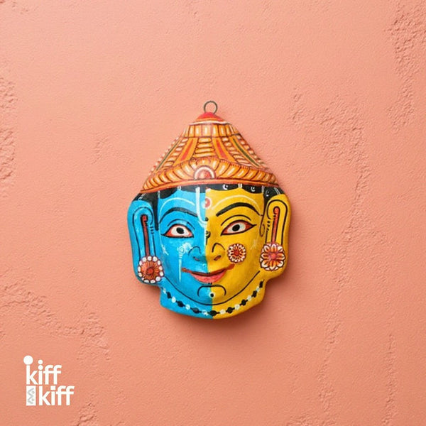 Masque mural artisanal KIFF KIFF en papier mâché représentant Radha et Krishna aux visages bleu et jaune