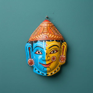 Masque mural KIFF KIFF Radha Krishna en papier mâché peint à la main, aux couleurs vives bleu et jaune, style indien