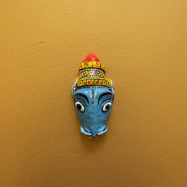 Masque mural artisanal KIFF KIFF de Varaha en papier mâché, visage bleu peint à la main, 10 cm, style indien.