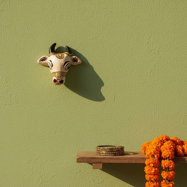 Mini masque KIFF KIFF de vache sacrée blanche en papier mâché peint à la main, fixé sur un mur vert.