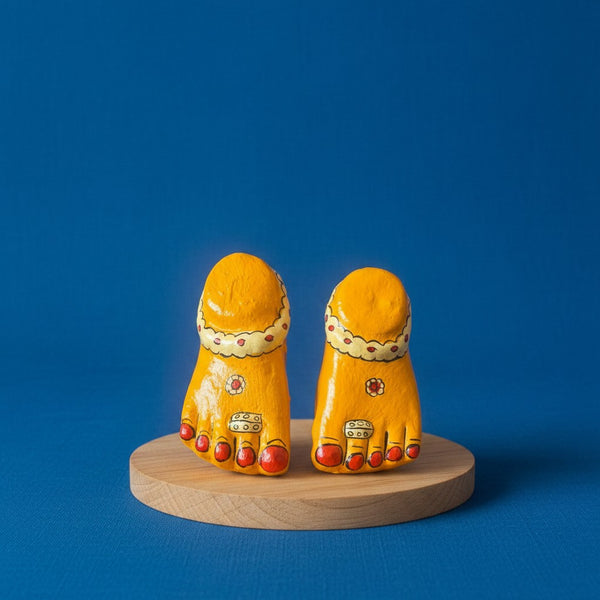 Duo de pieds de Lakshmi KIFF KIFF en papier mâché jaune peint à la main, symboles de prospérité artisanaux indiens