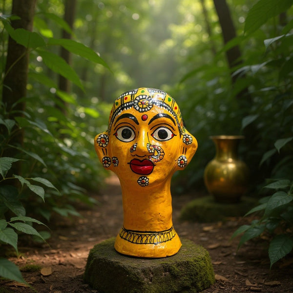 Statuette KIFF KIFF de tête de femme hindoue en papier mâché jaune, peinte à la main avec des détails traditionnels.