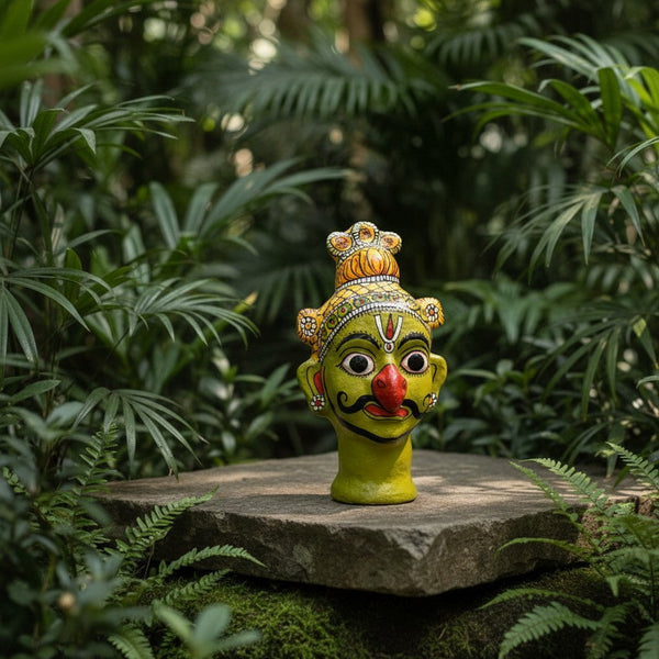 Statuette Garuda verte KIFF KIFF en papier mâché artisanal d'Inde posée sur une pierre dans un jardin tropical