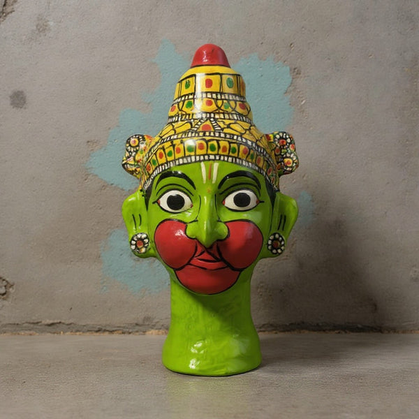 Statuette KIFF KIFF Hanuman verte en papier mâché peint à la main, visage hindou traditionnel aux détails colorés