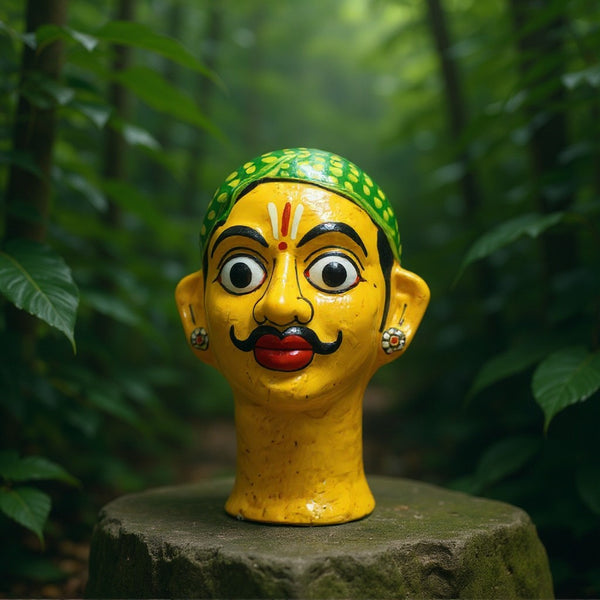 Statuette KIFF KIFF de visage d'homme hindou en papier mâché peint à la main, posée sur un socle en pierre en forêt.