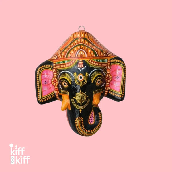 Masque mural éléphant Ganesh noir artisanal en papier mâché, décoration indienne Odisha