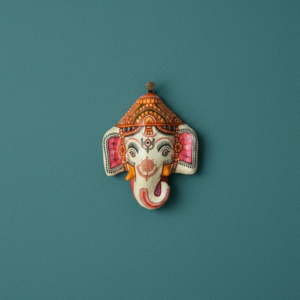 Masque mural Ganesh blanc KIFF KIFF en papier mâché artisanal, décoration murale indienne d'Odisha