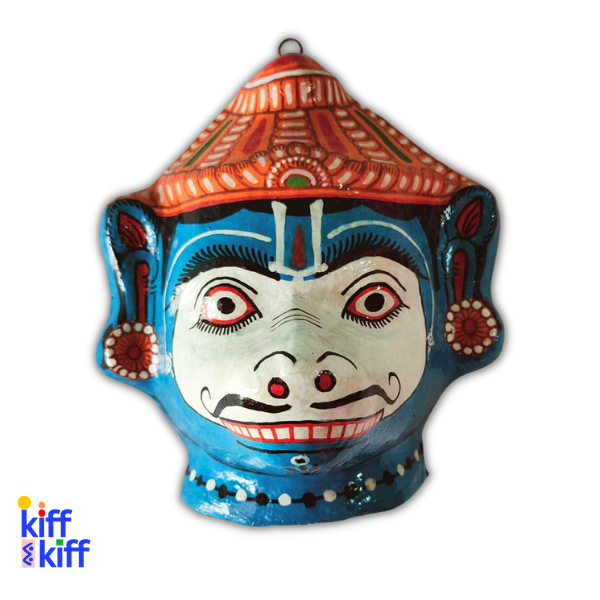 Masque mural jambaban blanc et bleu artisanal en papier mâché Inde