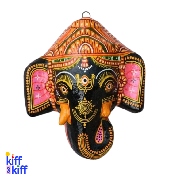 Masque mural éléphant Ganesh noir artisanal en papier mâché Inde